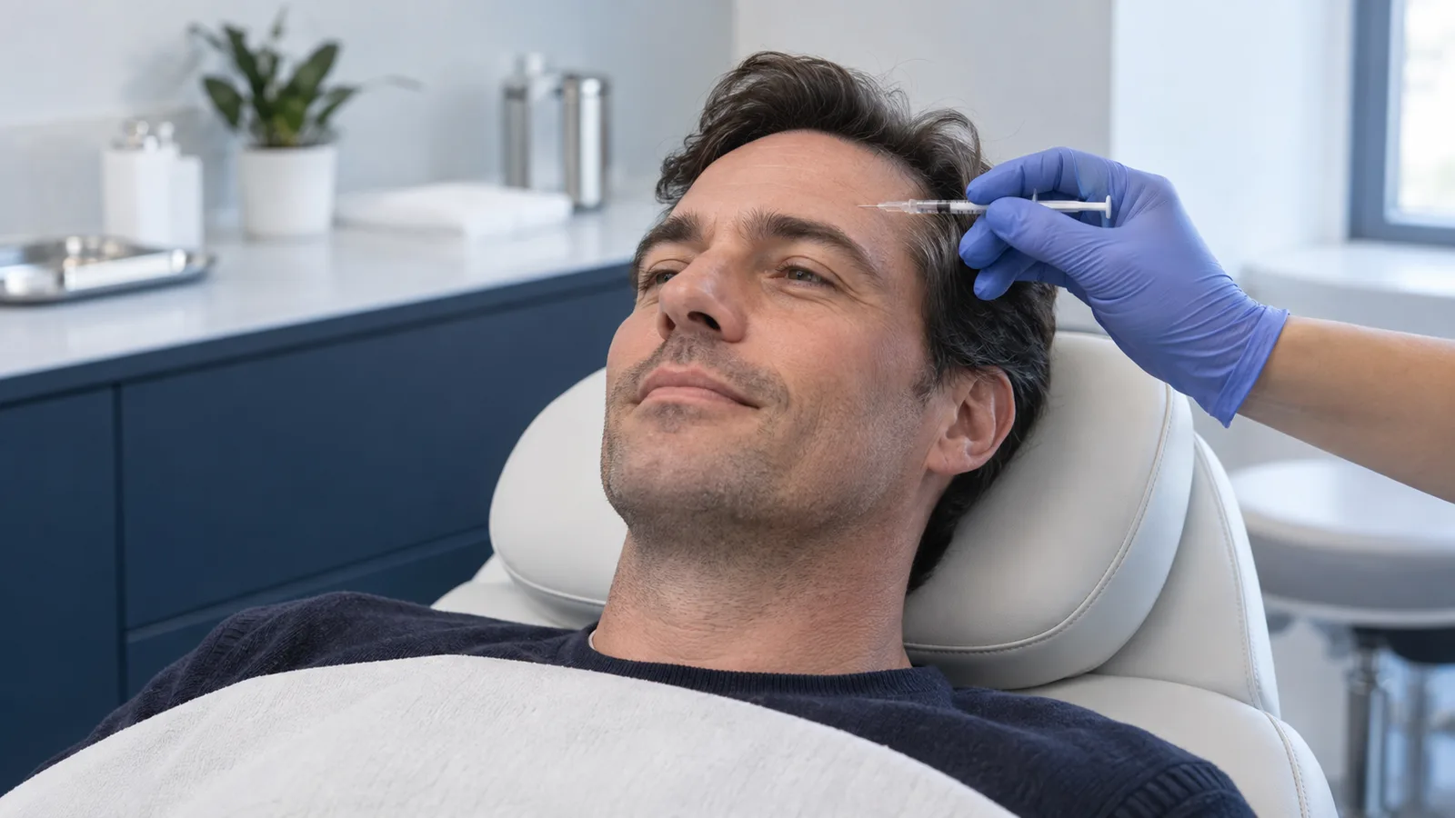 A man with dark graying hair reclines in a treatment chair while a gloved hand injects his forehead with a fine syringe.