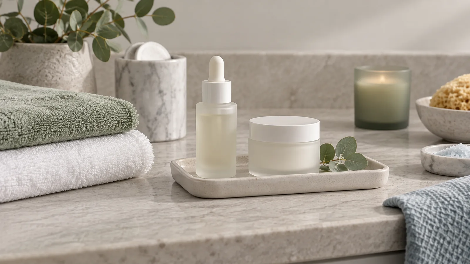 A dropper bottle and frosted cream jar sit on a stone tray beside folded green and white towels and a lit candle.