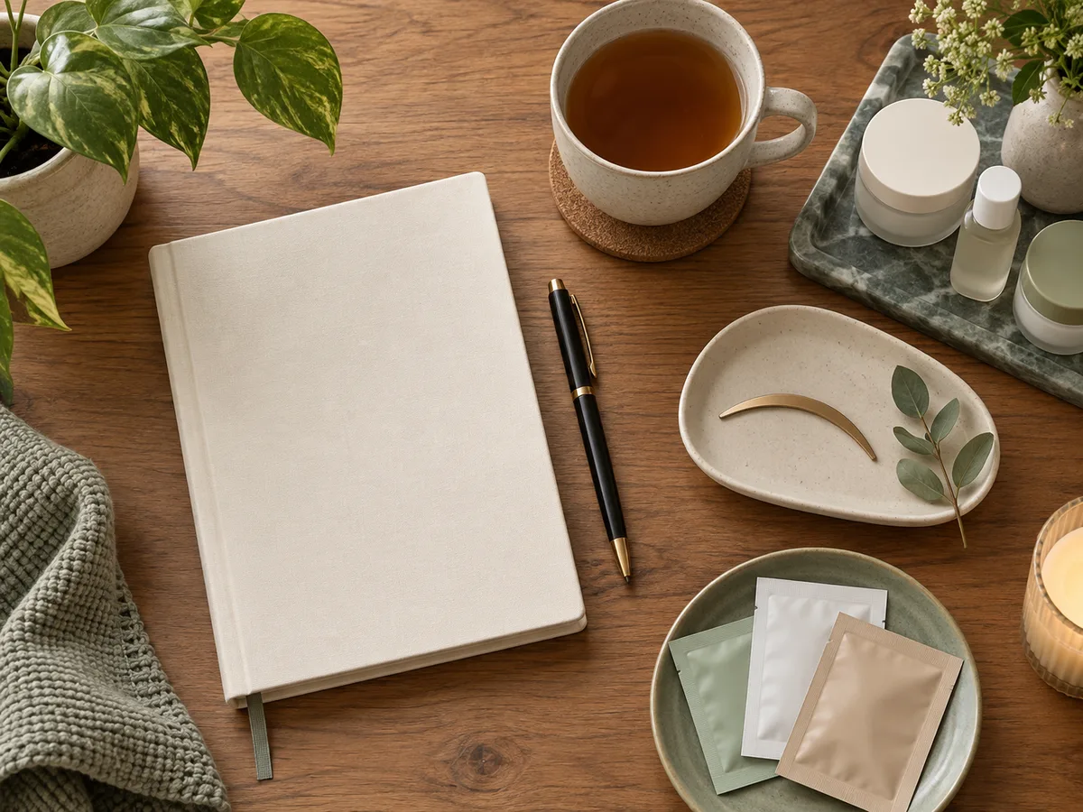 Overhead view of a closed cream notebook, black pen, cup of tea, sample sachets, and small skincare jars on a wooden desk.