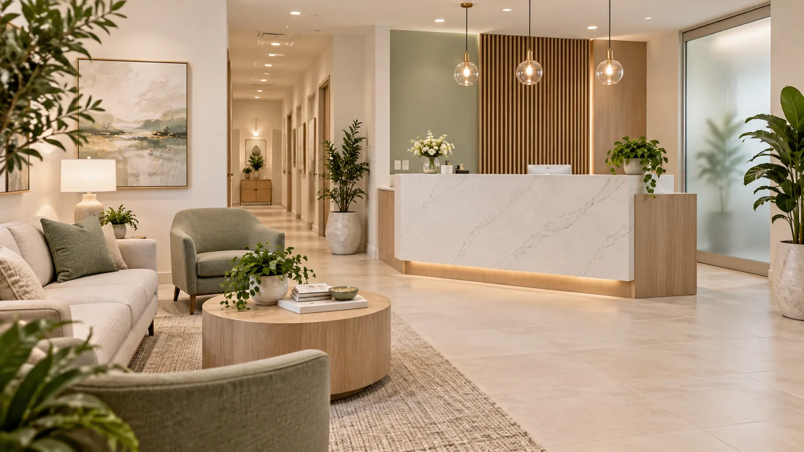 Bright reception area with a marble front desk, glass pendant lights, sage armchairs, a linen sofa, and a round wooden coffee table.