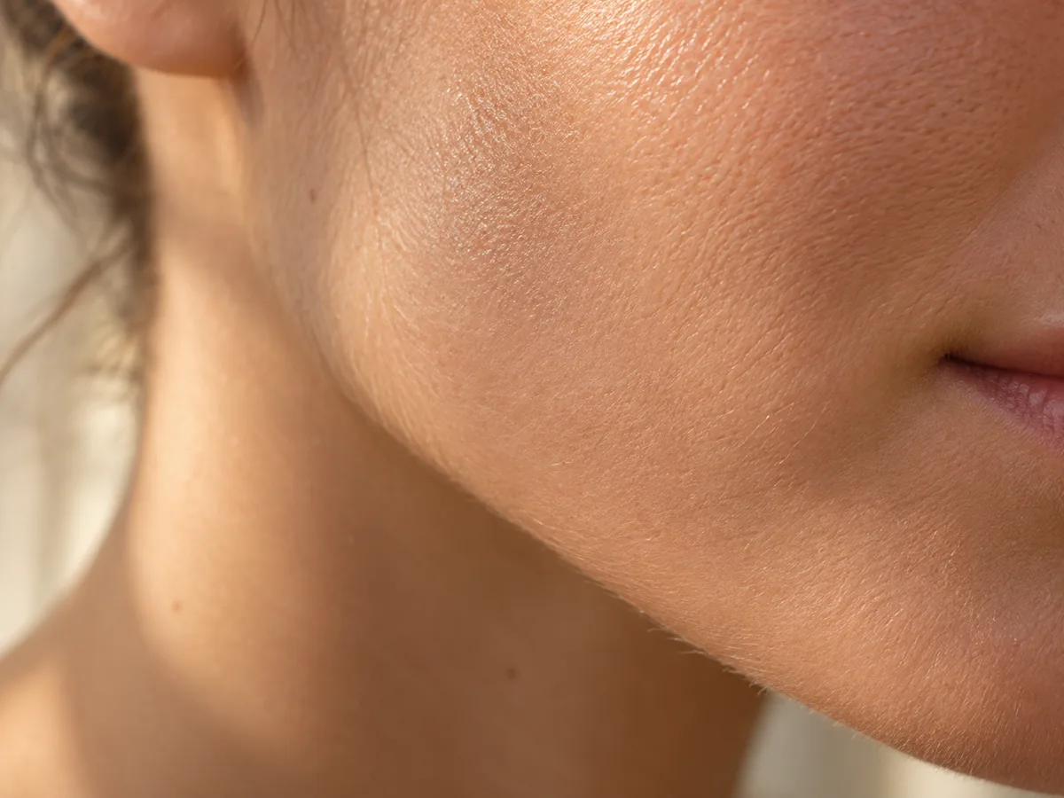 Close-up of a woman's jawline, cheek, and the corner of her lips in soft natural light, showing fine skin texture.