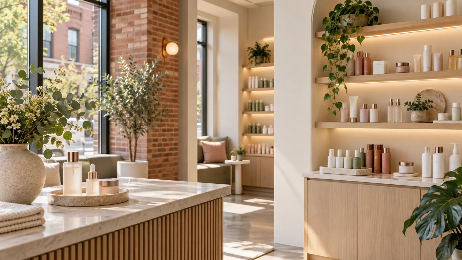 Sunlit skincare shop with backlit wooden shelves of bottles, an exposed brick wall, and tall windows facing a street.