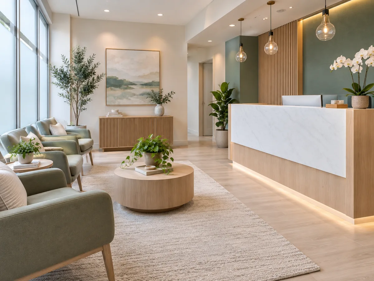 Waiting room with sage armchairs along a window wall, a round wooden table, and a marble reception counter topped with orchids.