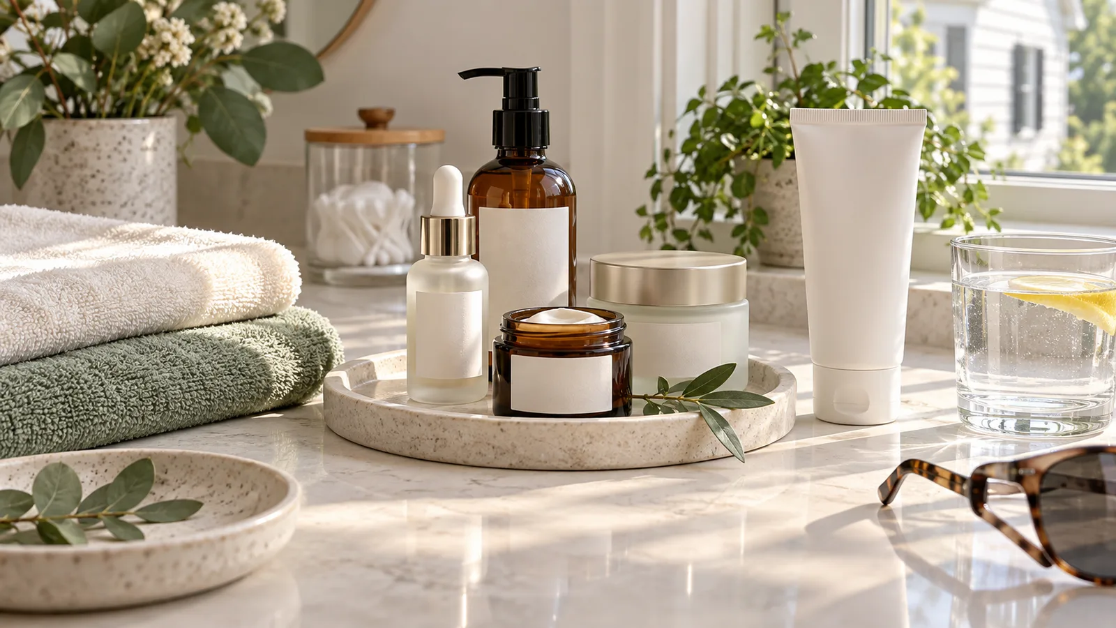 Skincare bottles and jars on a round stone tray by a sunny window, beside towels, lemon water, and sunglasses.