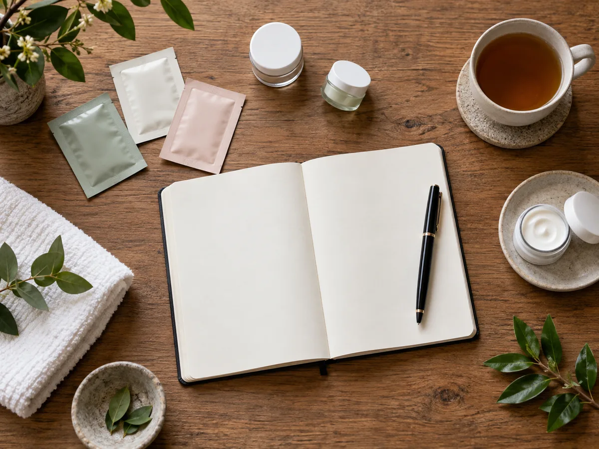 Open blank notebook and black pen on a wooden table, surrounded by foil sachets, cream jars, tea, and a white towel.
