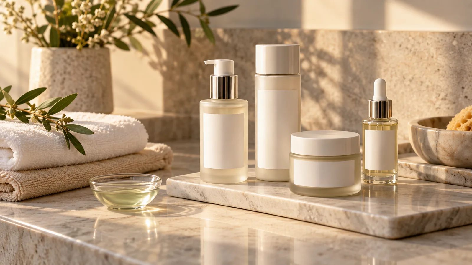 Frosted pump bottle, tall bottle, cream jar, and a dropper of oil on a marble tray in warm afternoon light beside towels.