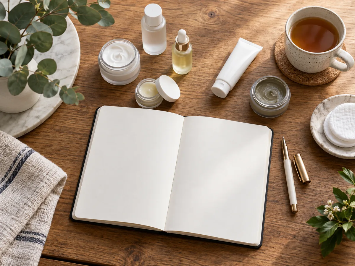Top-down wooden desk with an open notebook, gold-capped pen, jars of cream and balm, a white tube, a serum dropper, and tea.