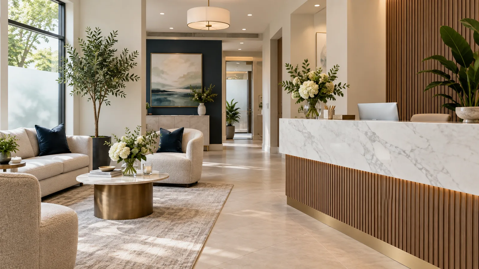 Lobby with cream bouclé chairs, navy cushions, a brass-based coffee table, and a marble desk with a slatted wood front.