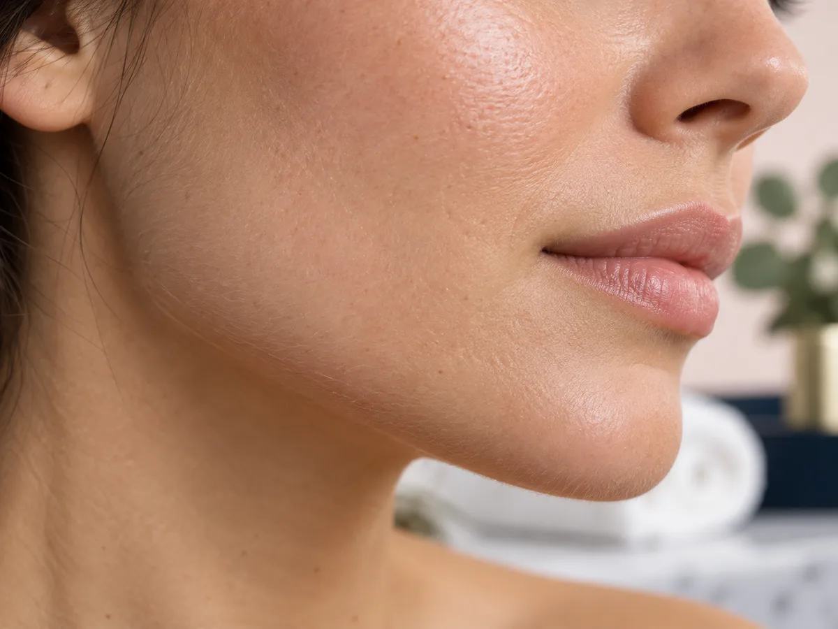 Side profile of a woman's lower face, lips, and jaw, with a blurred towel and potted plant behind her.