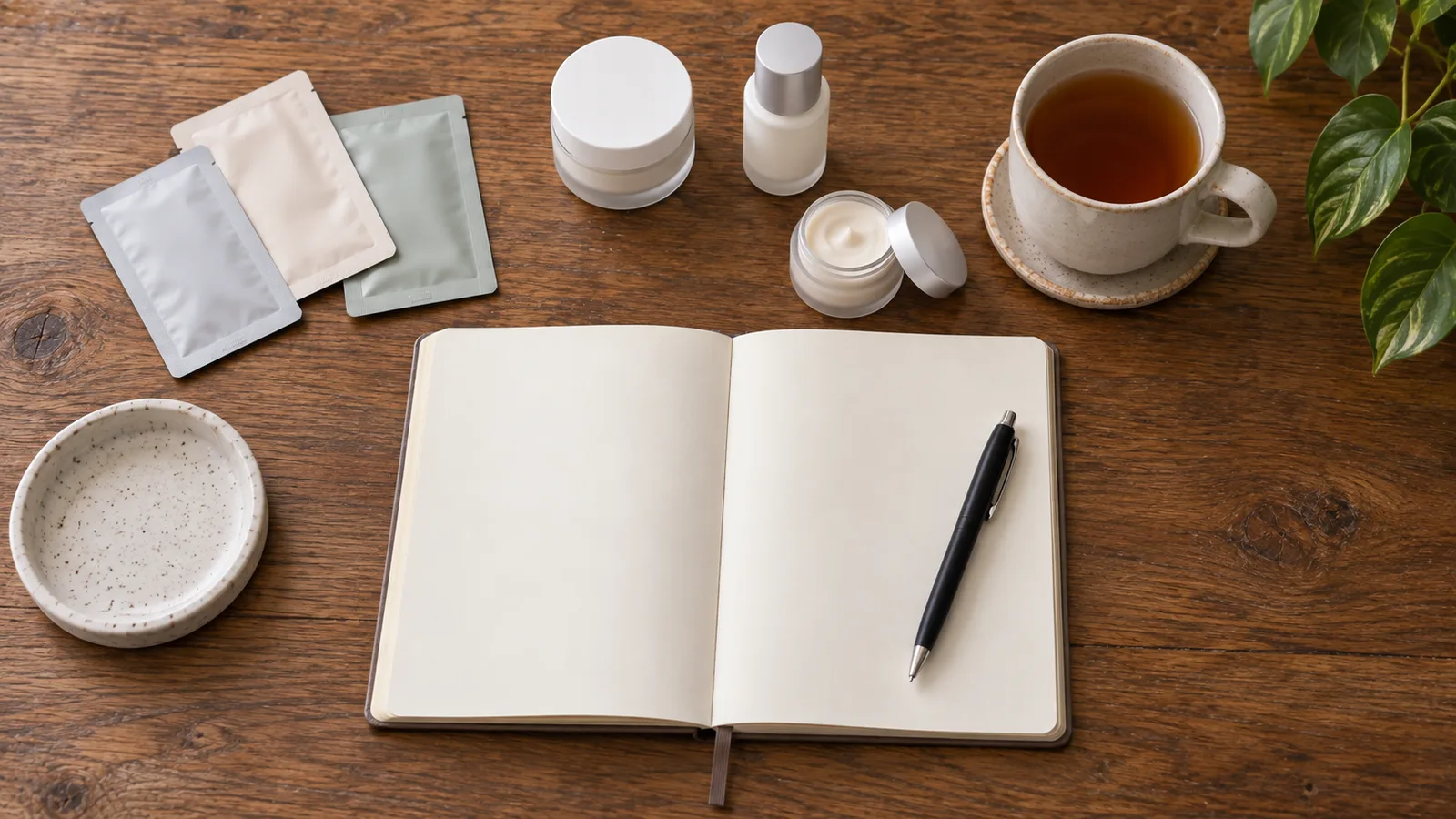 Journal lying open with a pen beside gray, cream, and sage foil sachets, skincare jars, a speckled dish, and tea on wood.