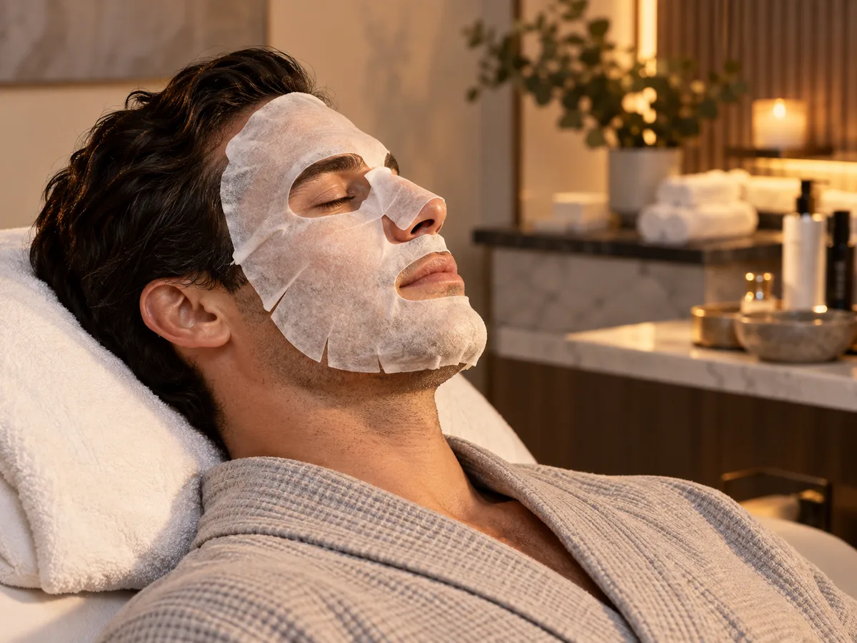 A dark-haired man in a waffle robe rests on a treatment bed wearing a white sheet mask, eyes closed, in warm candlelight.