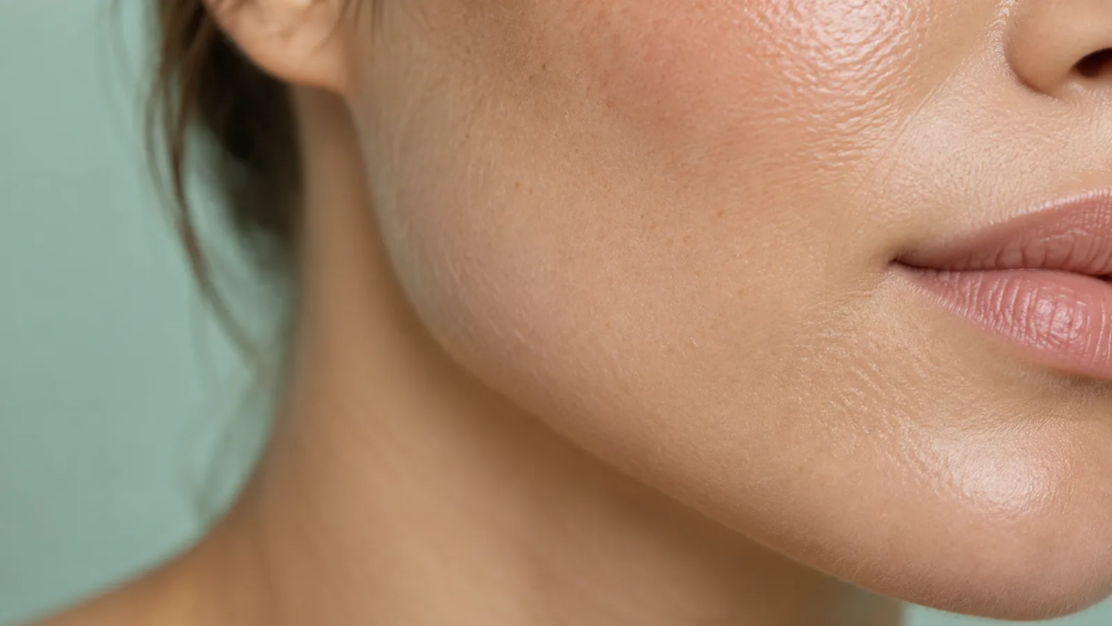 Close-up of a woman's cheek, jawline, and lips against a pale green backdrop, with fine pores visible on the skin.