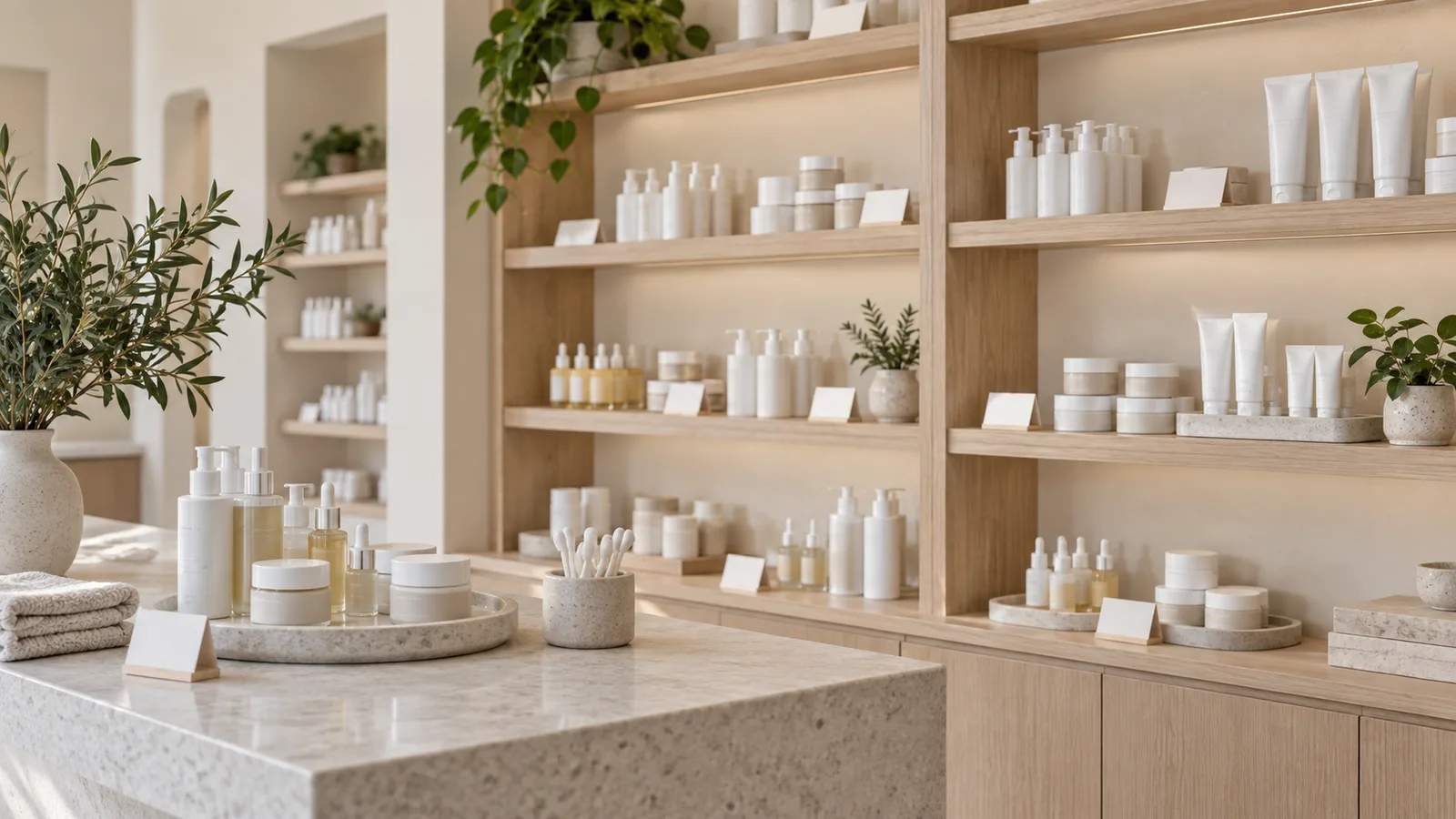 Pale wooden retail shelves lined with white pump bottles, tubes, and jars behind a stone counter holding a tray of serums.