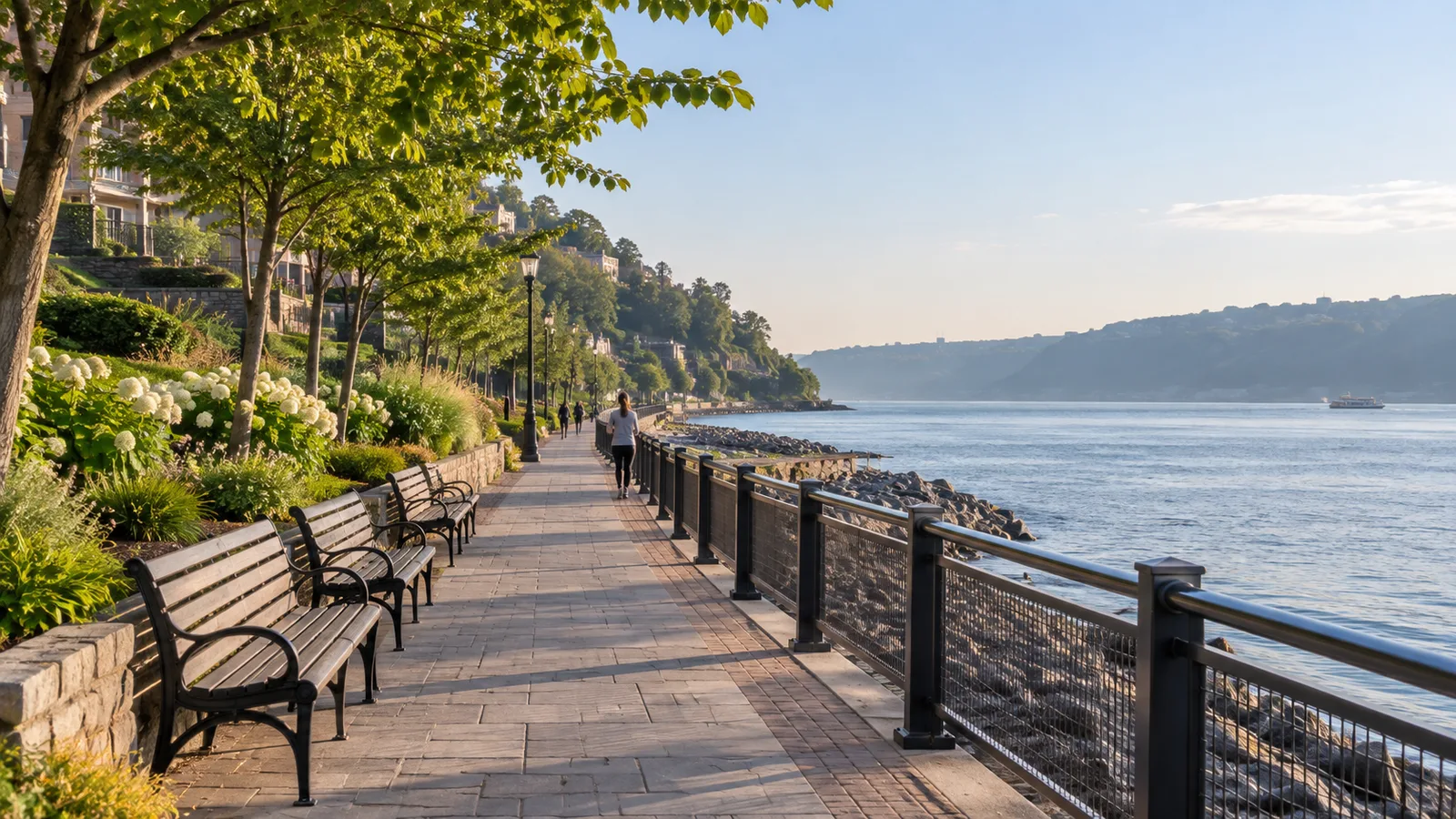 A woman walks along a tree-lined riverside promenade with benches and a black railing, wooded cliffs rising across the water.