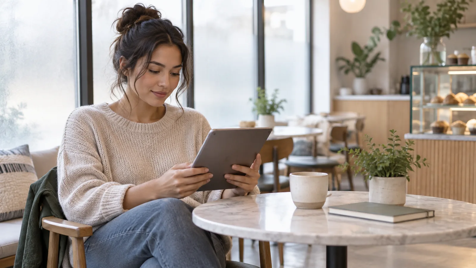A young woman with her hair in a bun reads a tablet at a marble café table beside a mug.