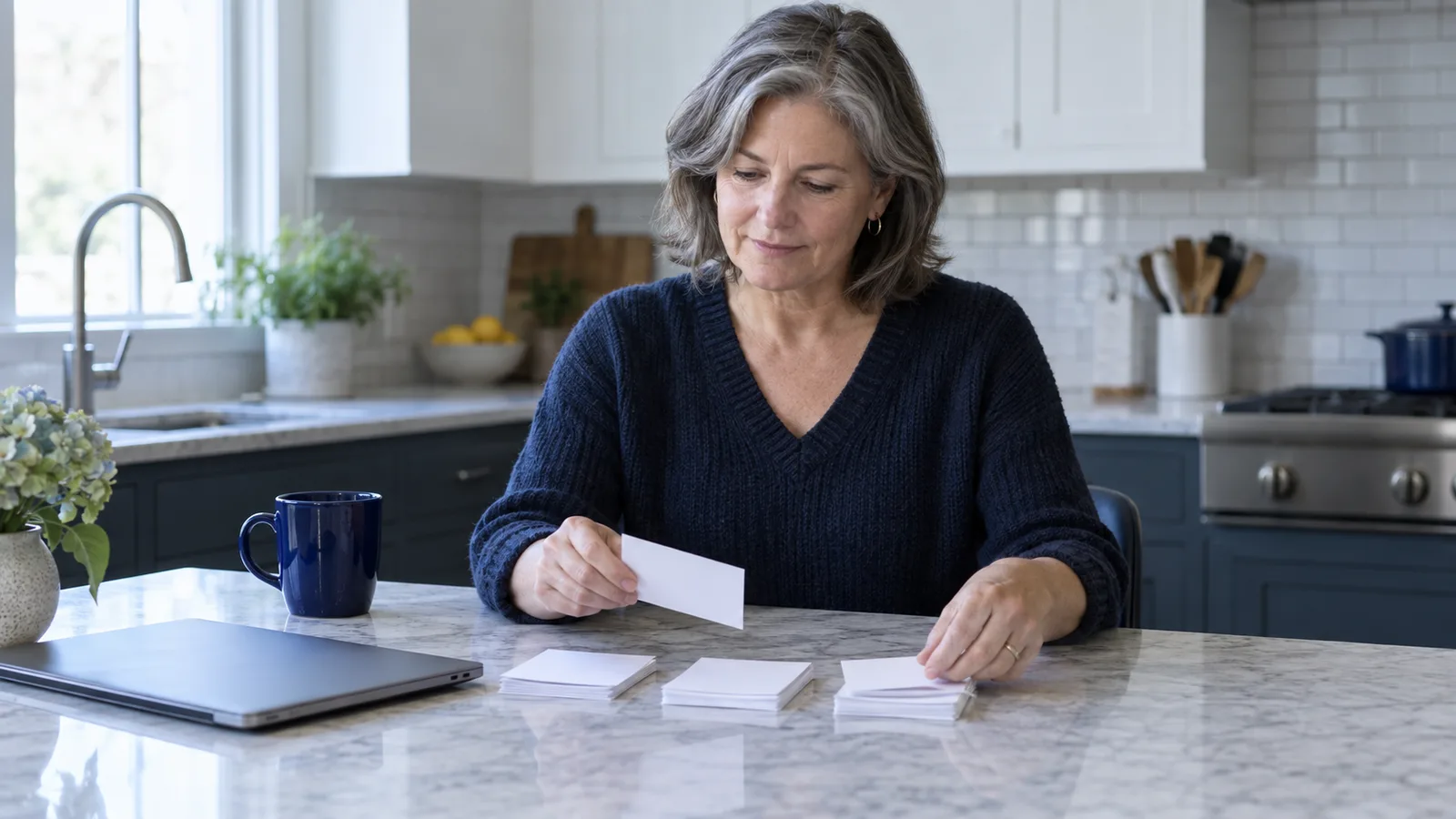 A gray-haired woman in her fifties sorts small white cards into piles at a marble kitchen island beside a laptop.