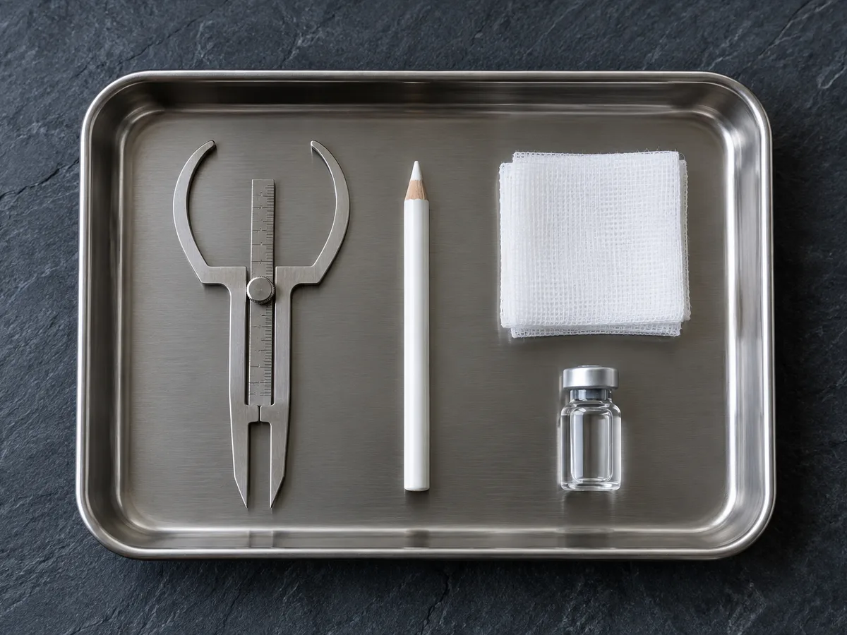 Stainless steel tray on dark slate holding a measuring caliper, a white marking pencil, folded gauze, and a small glass vial.