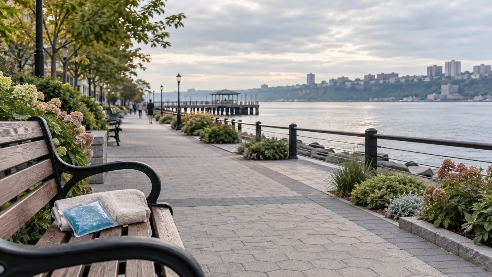 A folded towel and blue gel ice pack rest on a bench along a riverside walkway, apartment towers across the water.