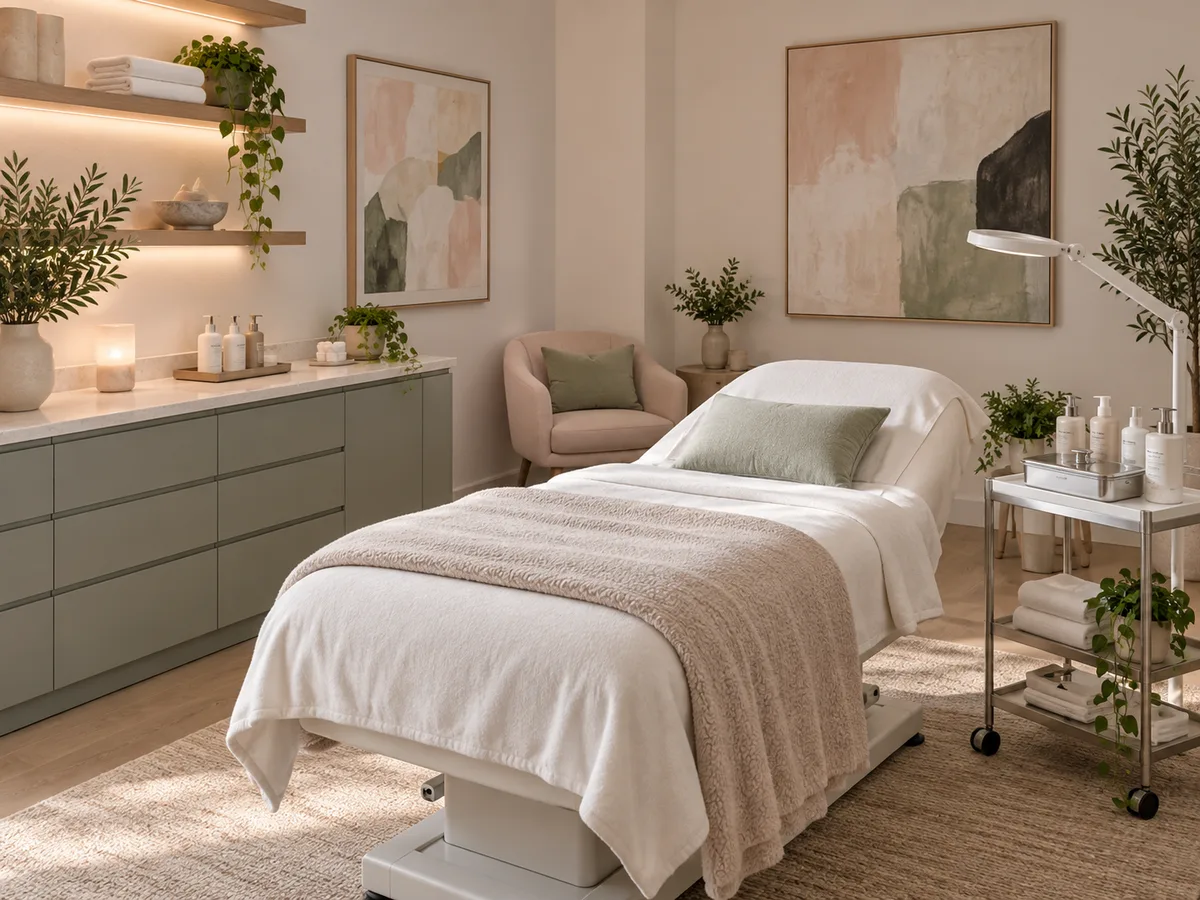 Softly lit treatment room with a blanket-draped facial bed, a rolling cart of bottles, a magnifying lamp, and abstract paintings.