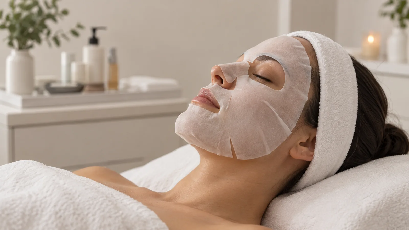 A woman with a white terry headband lies on a treatment bed wearing a sheet mask, eyes closed, wrapped in a towel.