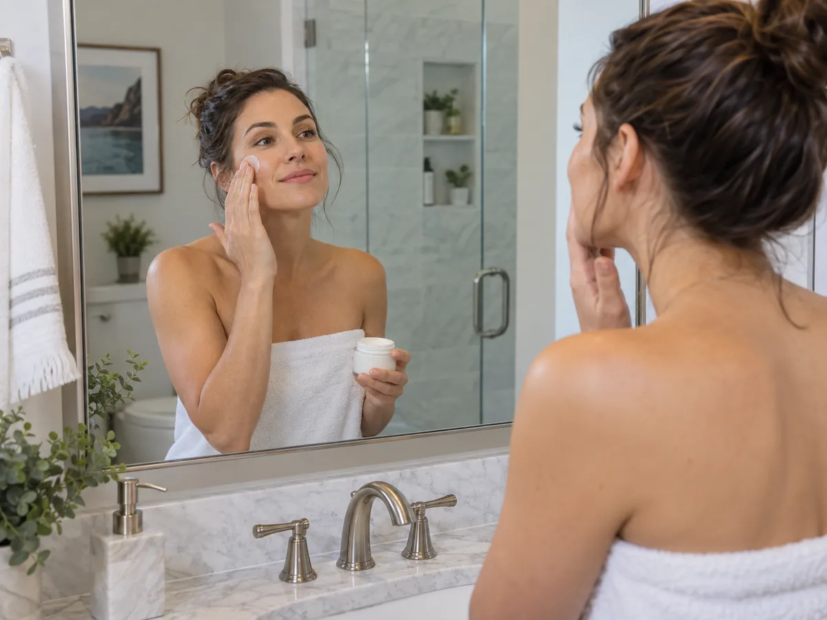 A woman wrapped in a bath towel pats cream onto her cheek while holding a small jar, seen in a bathroom mirror.