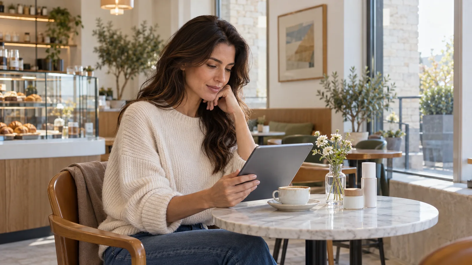 A woman with long wavy dark hair reads a tablet at a marble café table with a cappuccino and flowers.