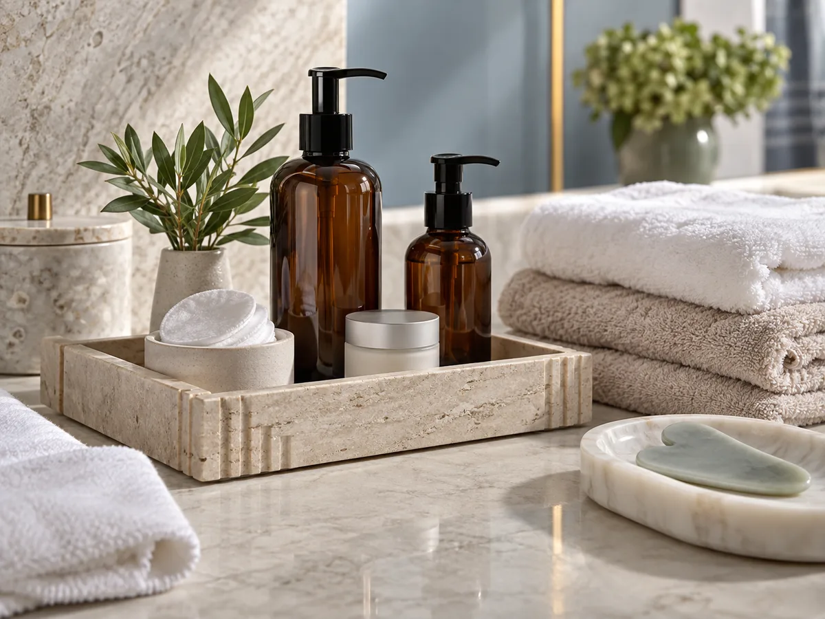 Amber pump bottles, a cream jar, and cotton rounds in a travertine tray beside folded towels and a jade gua sha stone.