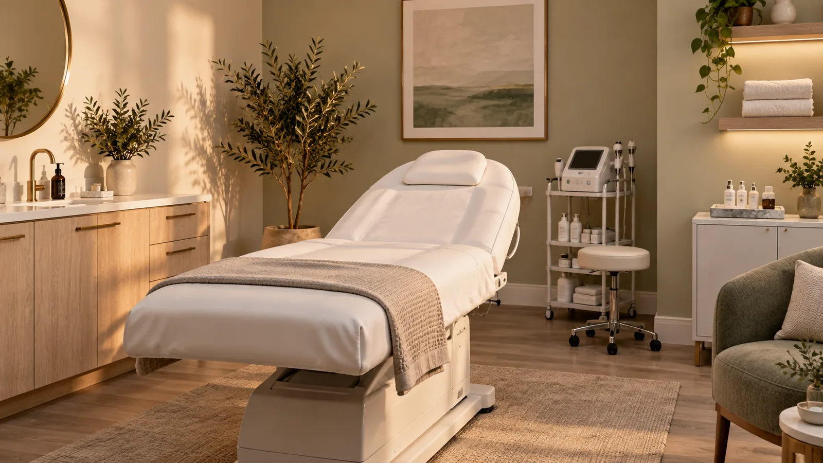 Sunlit treatment room with a reclined white facial bed, a skin device on a rolling cart, and a potted olive tree.