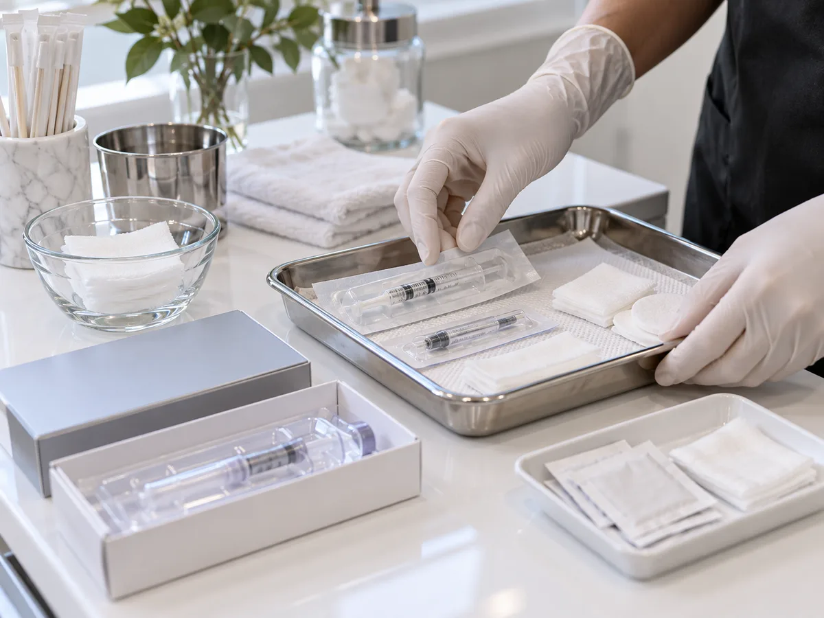 Gloved hands arrange packaged syringes and gauze squares on a stainless tray, with a boxed syringe on the white counter in front.