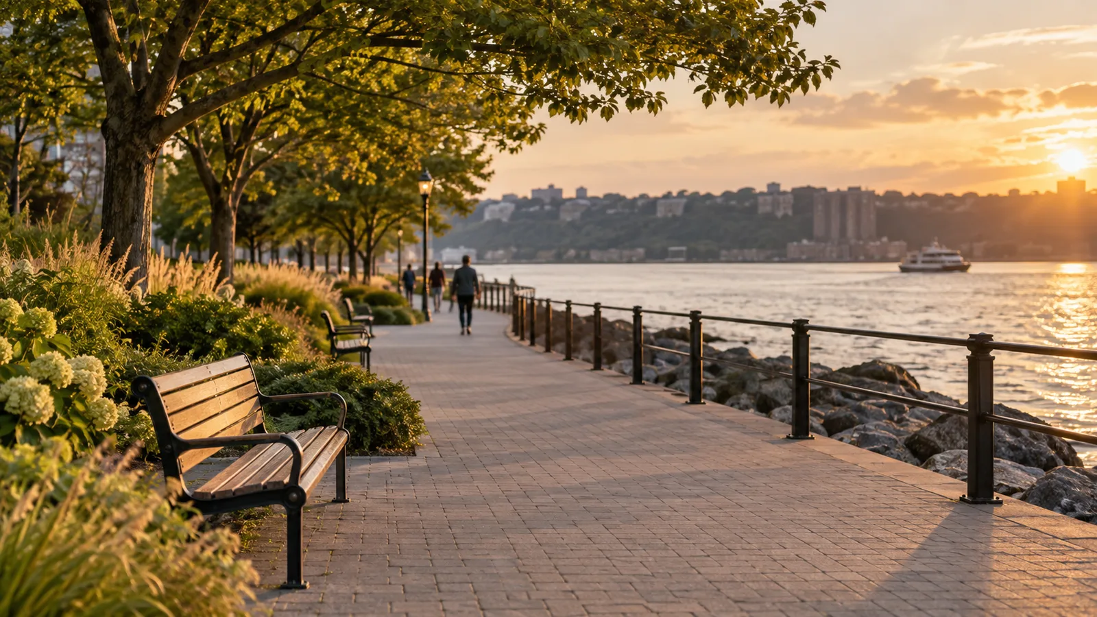 Pedestrians stroll a riverside walkway at sunset as a ferry crosses the water toward hillside apartment buildings.