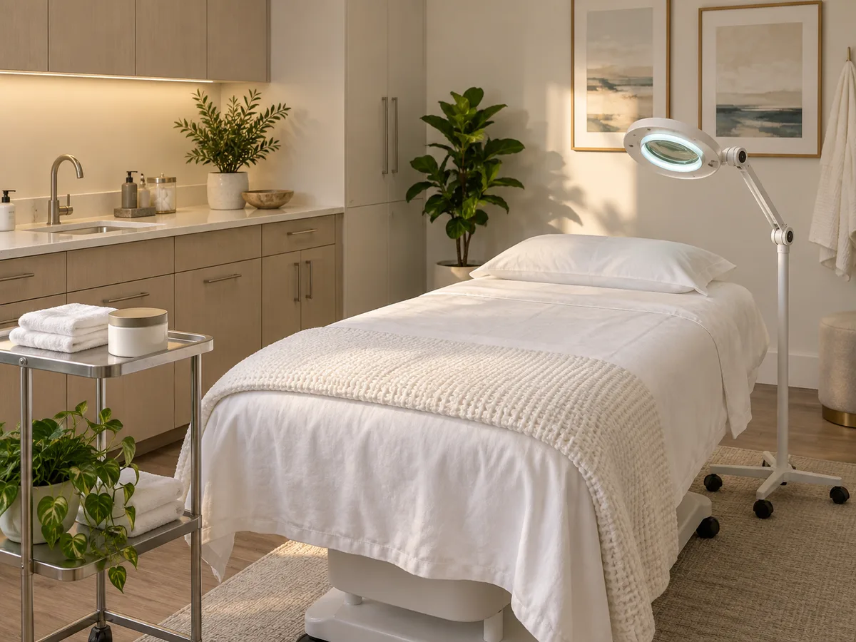 Treatment bed with white linens and a knit throw beside a magnifying lamp, a steel cart with towels, and a sink counter.