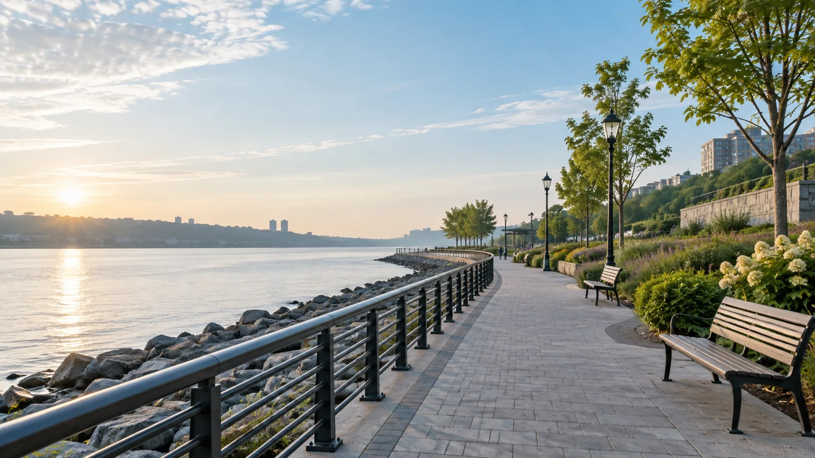Empty riverfront promenade with benches, lampposts, and a curving railing along a rocky shoreline under a low morning sun.