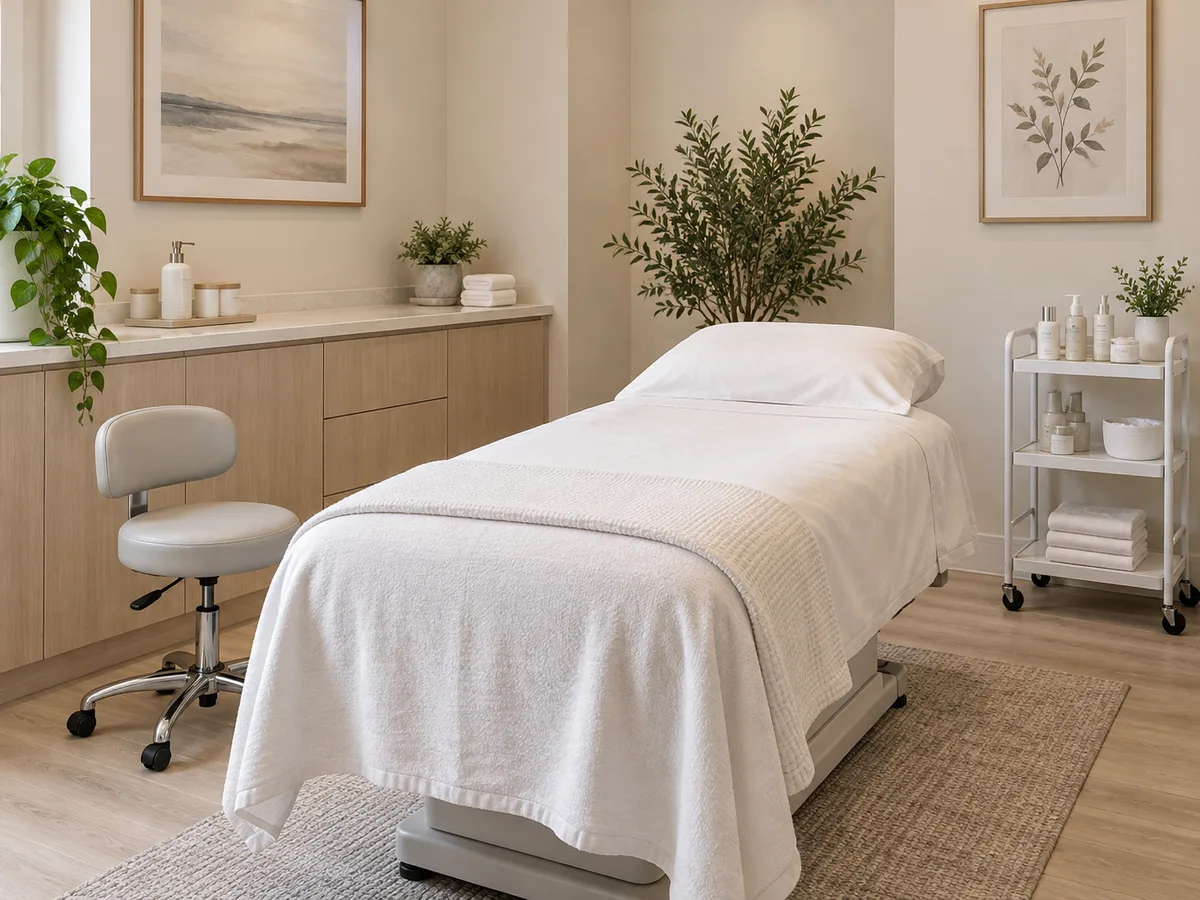 Treatment room with a towel-covered bed, a white rolling stool, a three-tier white cart of bottles, and a tall potted olive plant.