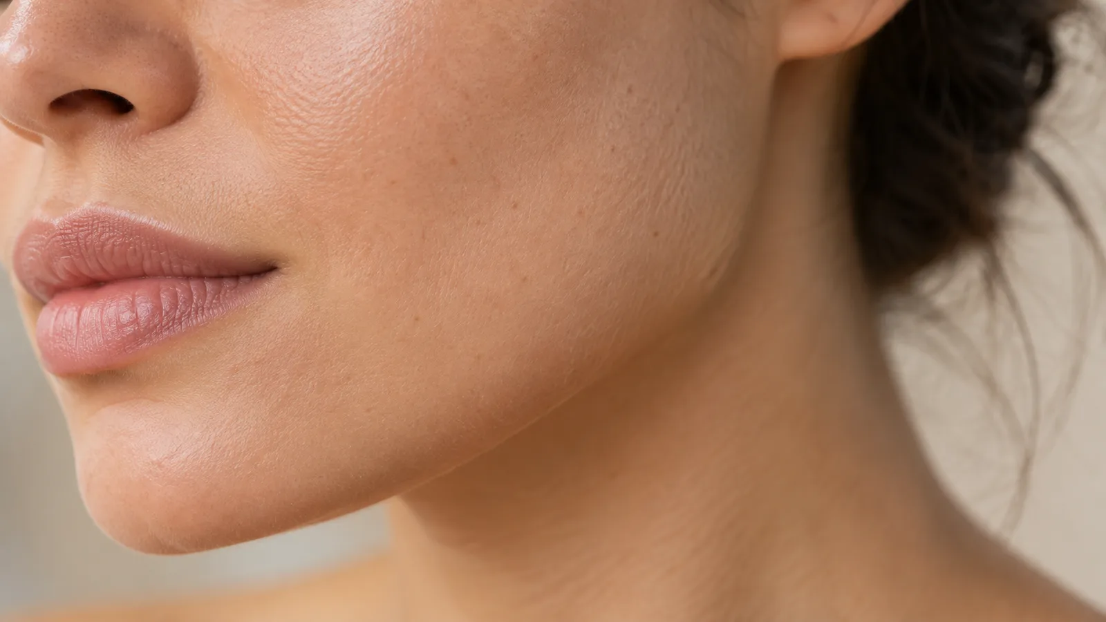 Close-up of a woman's lips, cheek, and jaw in three-quarter view, her dark hair pulled back behind her ear.