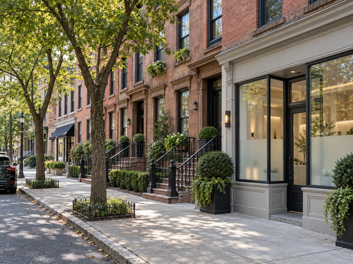 Tree-lined sidewalk of brick and brownstone row houses with iron stoop railings beside a ground-floor storefront with frosted windows.