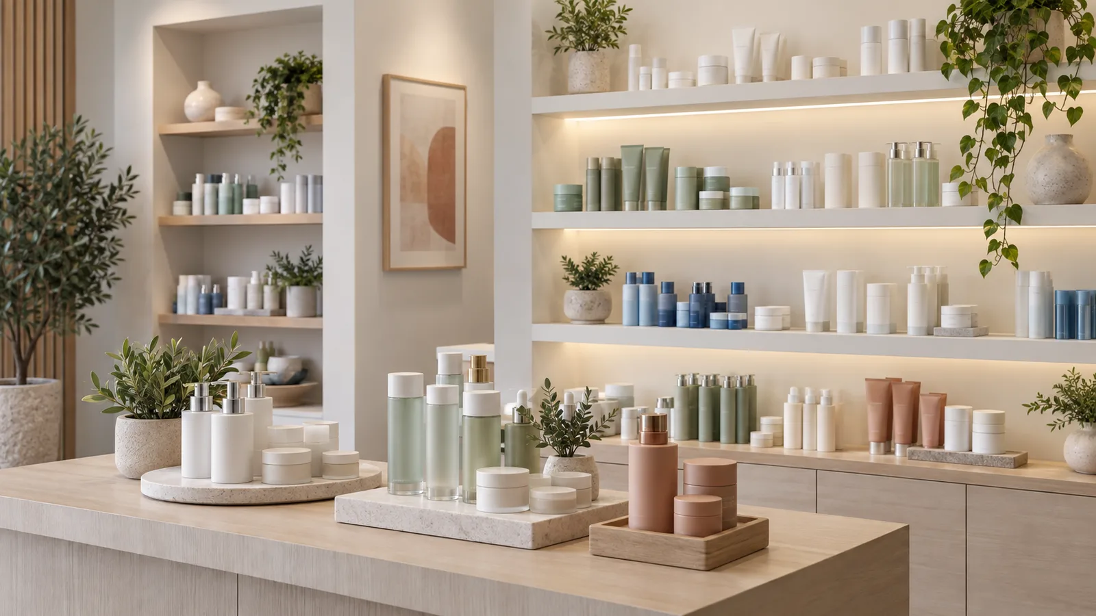 Illuminated white shelves of sage, blue, and terracotta skincare bottles behind a wooden display counter with stone trays.