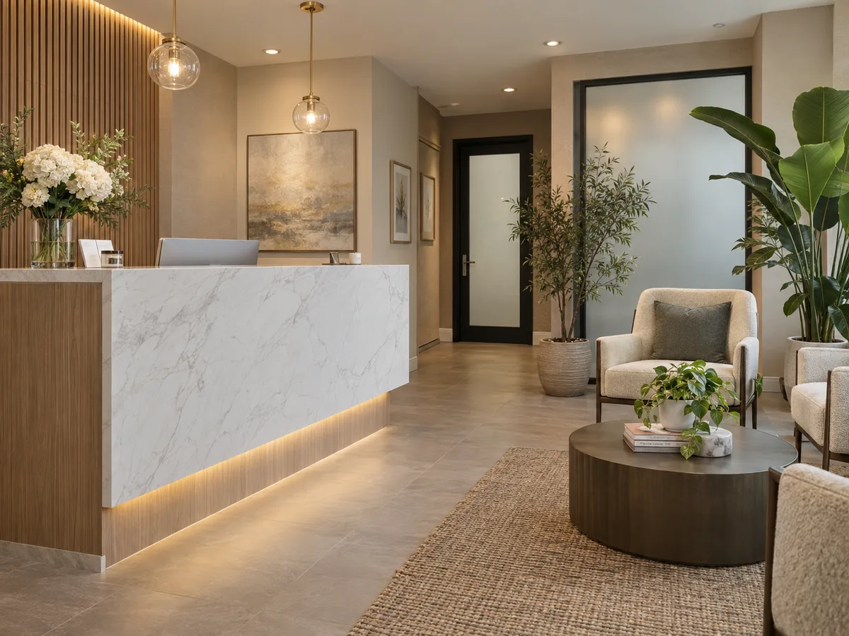 Reception desk with a marble front and warm under-lighting, beside cream armchairs, a round dark table, and a frosted glass door.