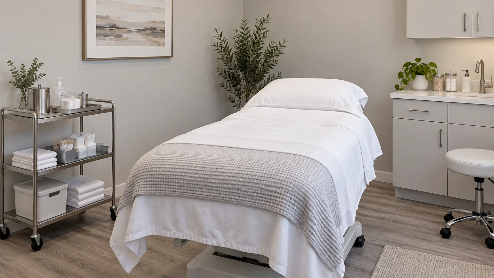 Soft gray treatment room with a white-sheeted bed, a gray waffle blanket, a steel supply cart, and a small sink counter.