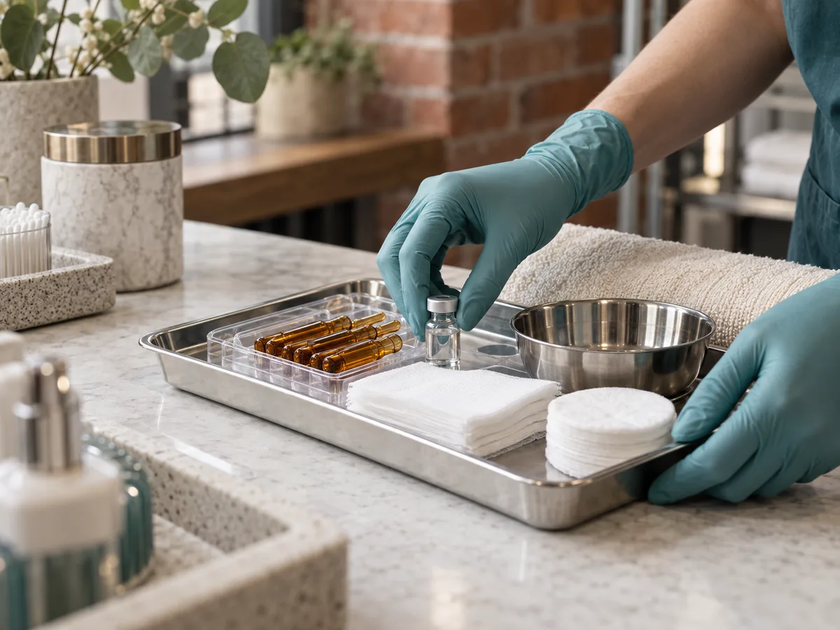 Teal-gloved hands set a small glass vial on a steel tray holding amber ampoules, gauze, cotton rounds, and a metal bowl.