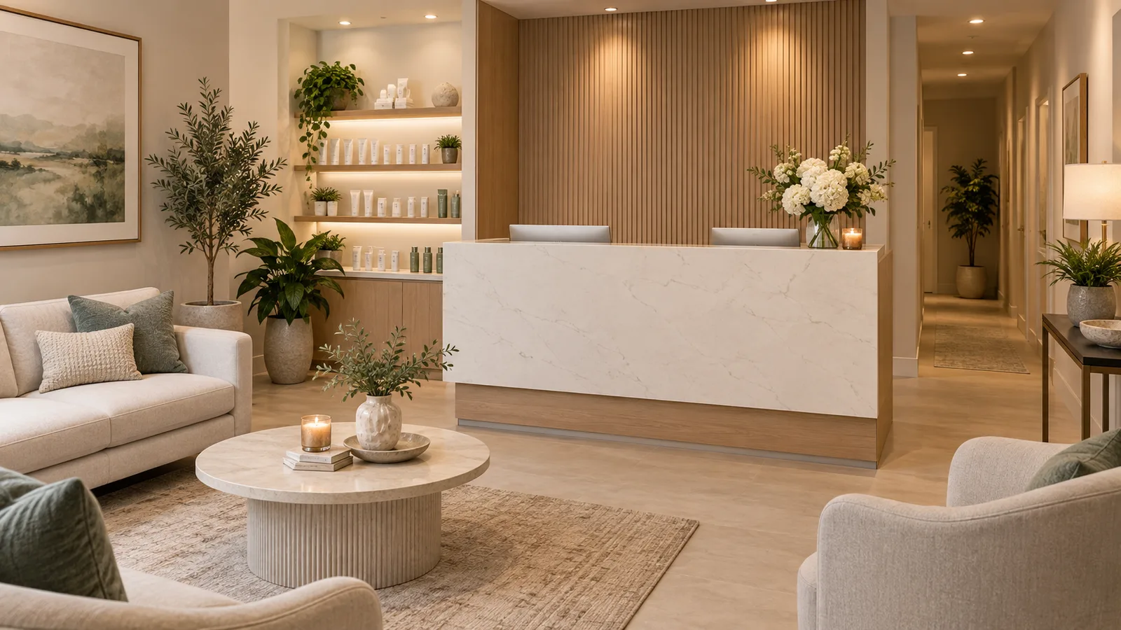 Lounge with a cream sofa, a round stone coffee table holding a candle, and a marble reception desk before slatted wood.