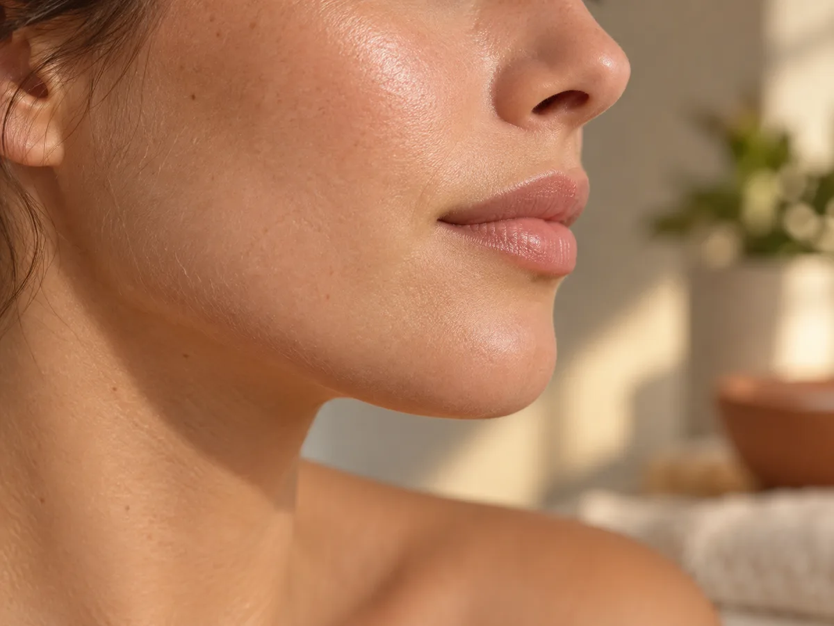 Profile of a woman's jaw, lips, and neck in warm sunlight, with a blurred plant and folded towel in the background.