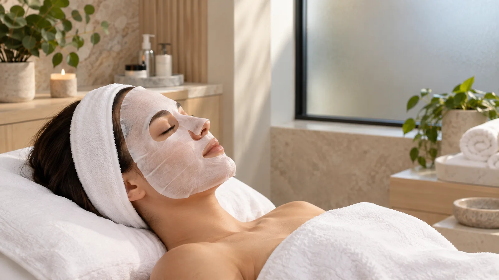 A woman in a terry headband and sheet mask rests under a white towel beside a frosted window and potted plants.