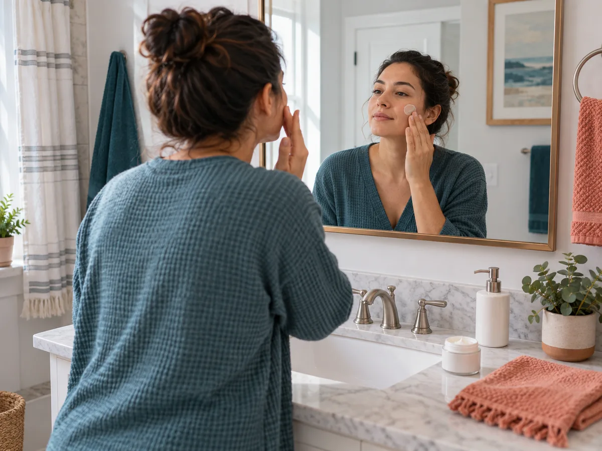A woman in a teal waffle robe dabs cream on her cheek at a bathroom mirror, a coral towel on the vanity.