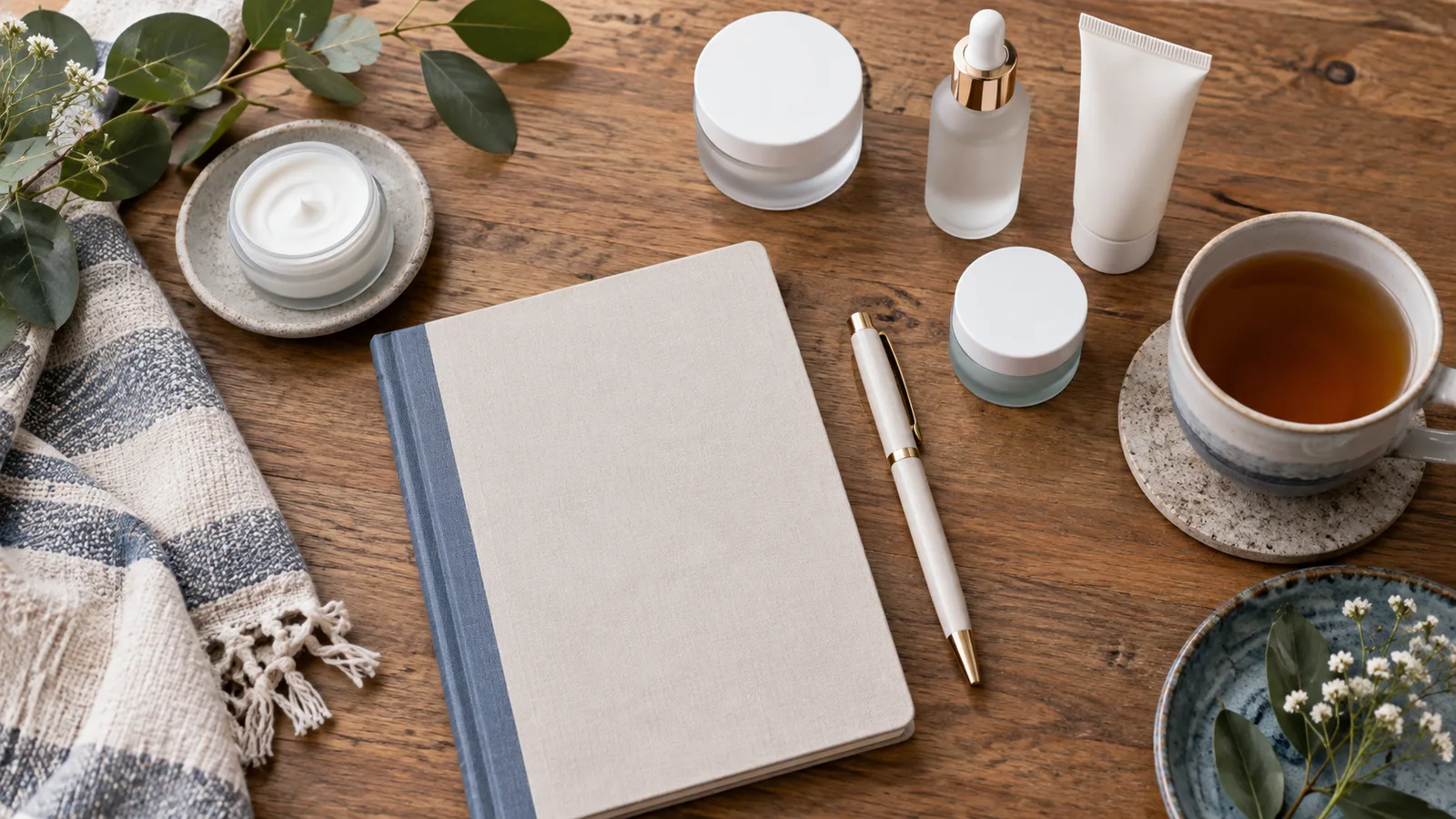 Flat lay of a linen notebook with a blue spine, a cream pen, skincare jars, a dropper bottle, and tea.