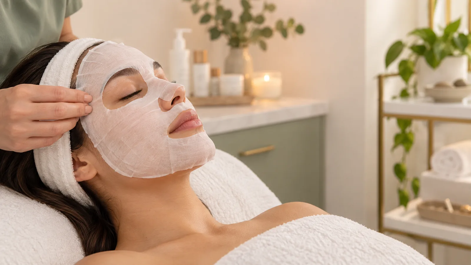 A practitioner's hands adjust the headband of a young woman wearing a sheet mask as she lies on a treatment bed.