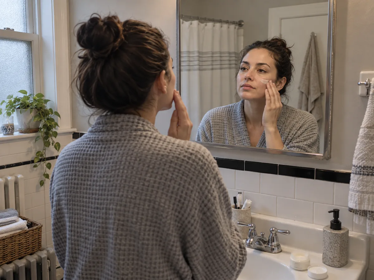 A woman in a gray waffle robe applies cream to her cheek at a mirror in a subway-tiled bathroom.