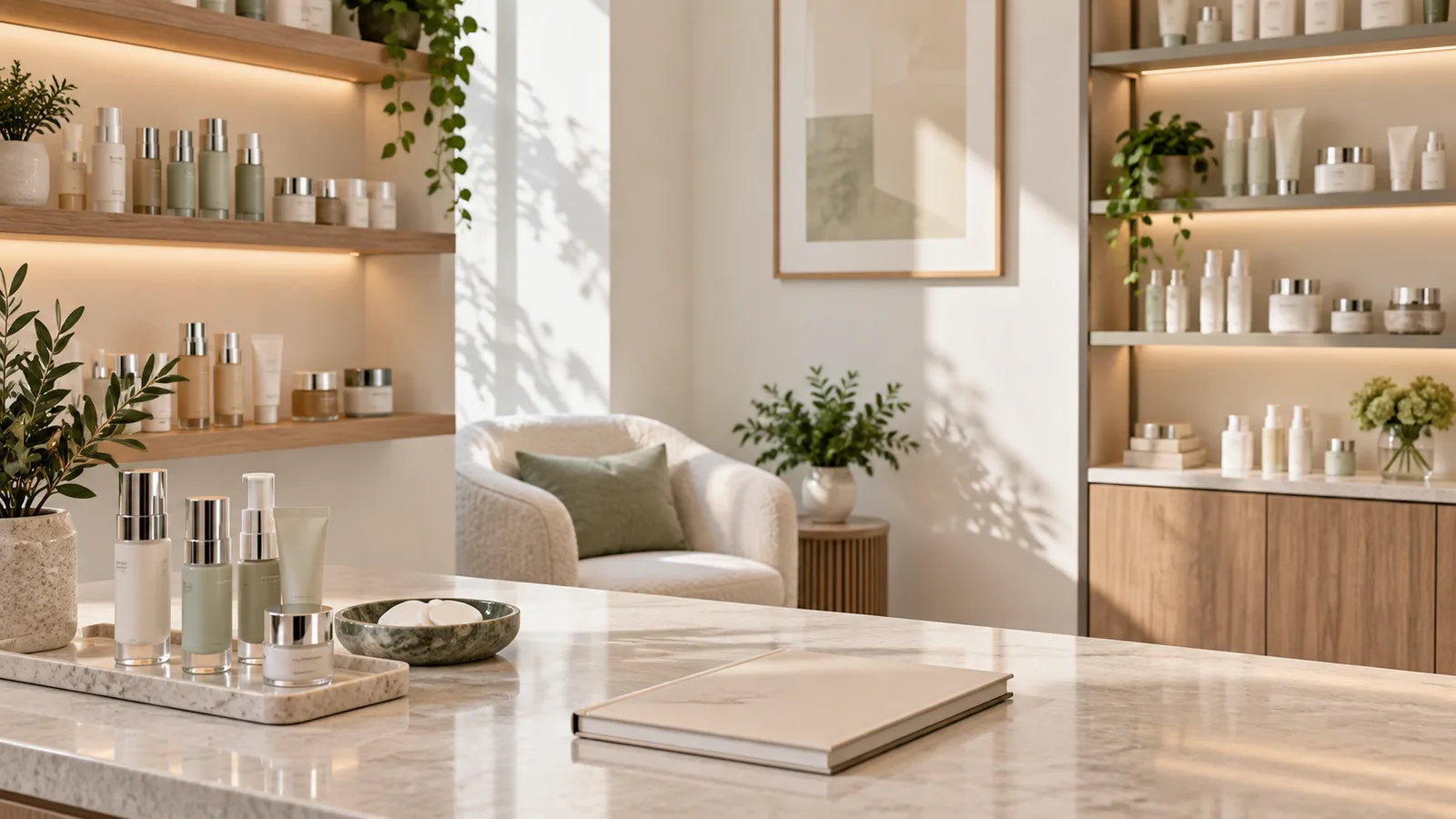 Sunlit marble counter with a tray of silver-capped skincare bottles and a closed book, lit product shelves and a bouclé armchair behind.