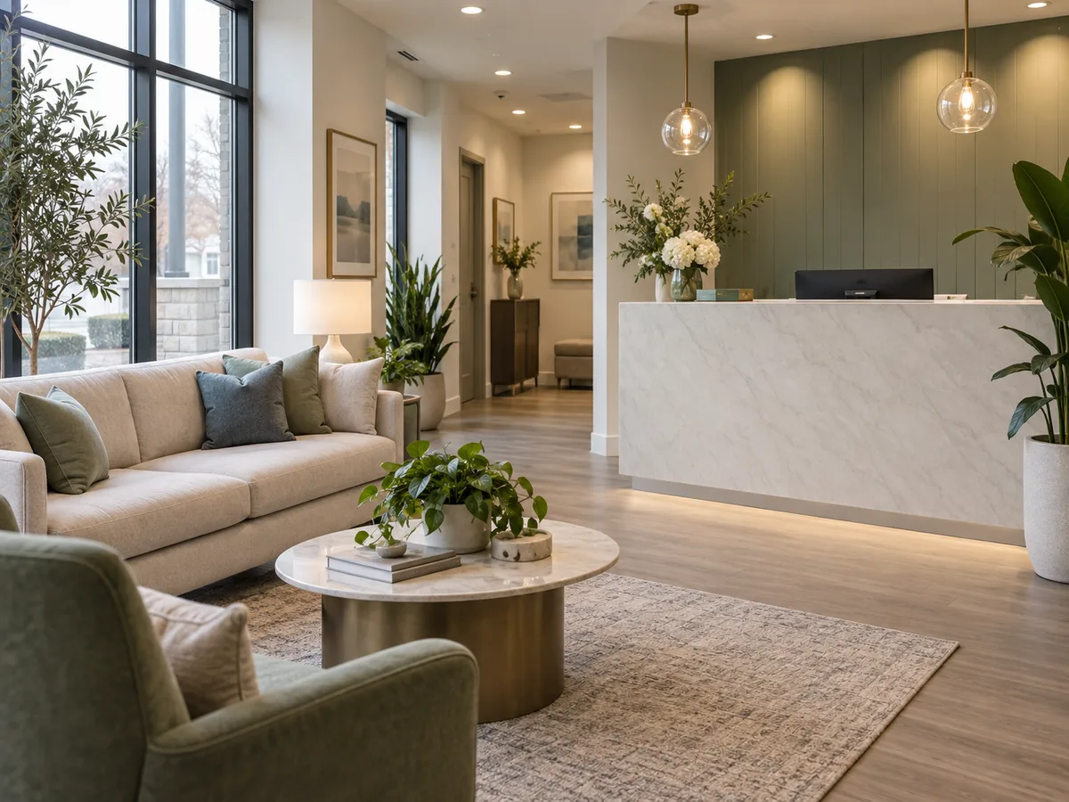 Waiting area with a linen sofa, green armchair, marble-topped coffee table, and a marble reception desk before a sage paneled wall.