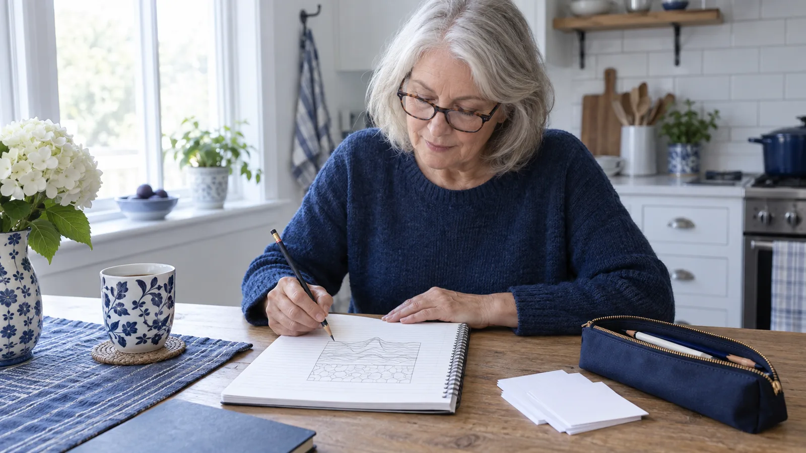 A gray-haired woman in reading glasses sketches a simple diagram on a notepad at a bright kitchen table.