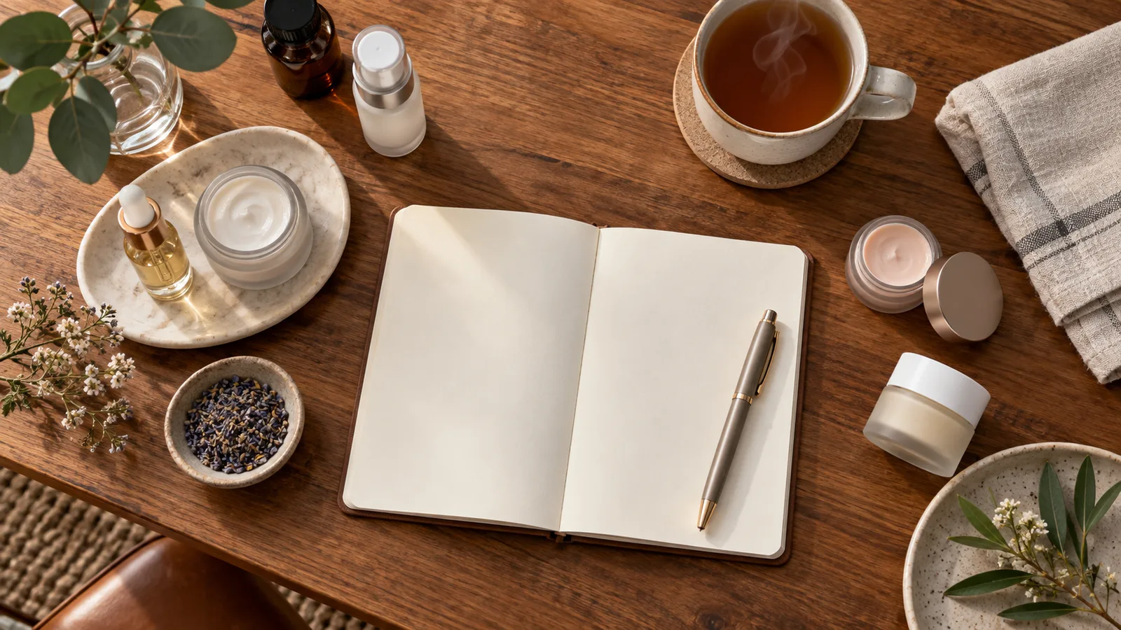 Open notebook with a taupe pen centered on a wooden table among cream jars, a serum dropper, dried lavender, and steaming tea.